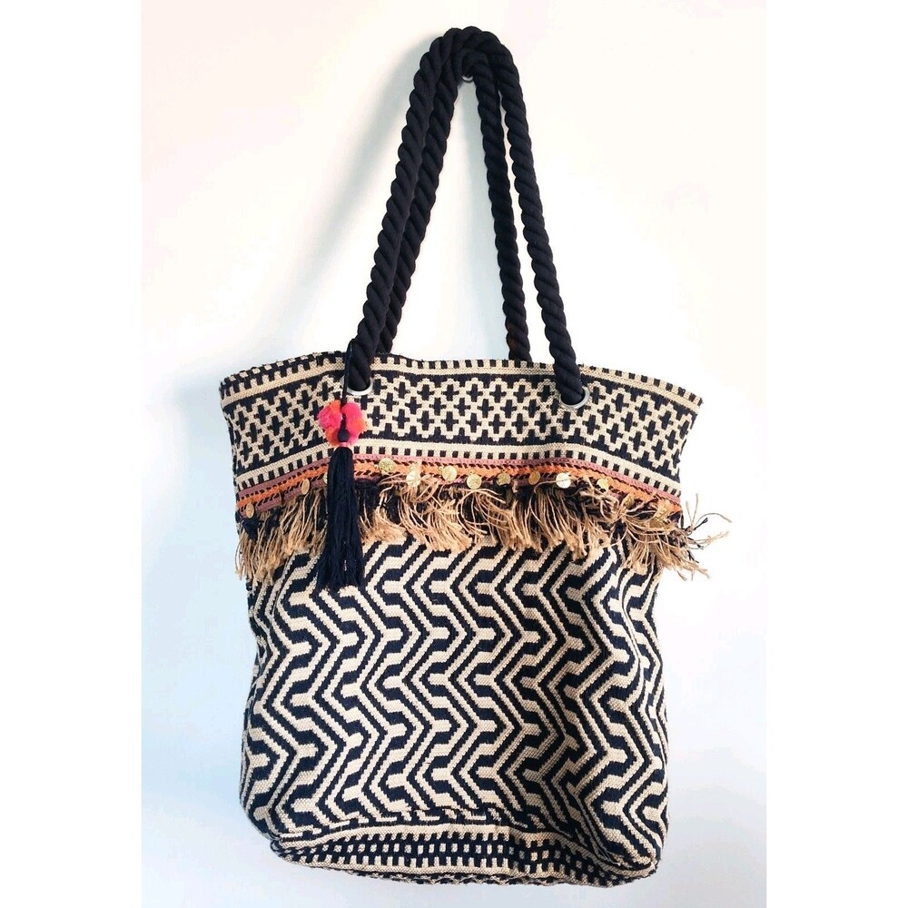 C&C California Bag Tote Woven Jute Boho Shoulder Fringe Navy Cream Coins Hippie - Picture 2 of 11